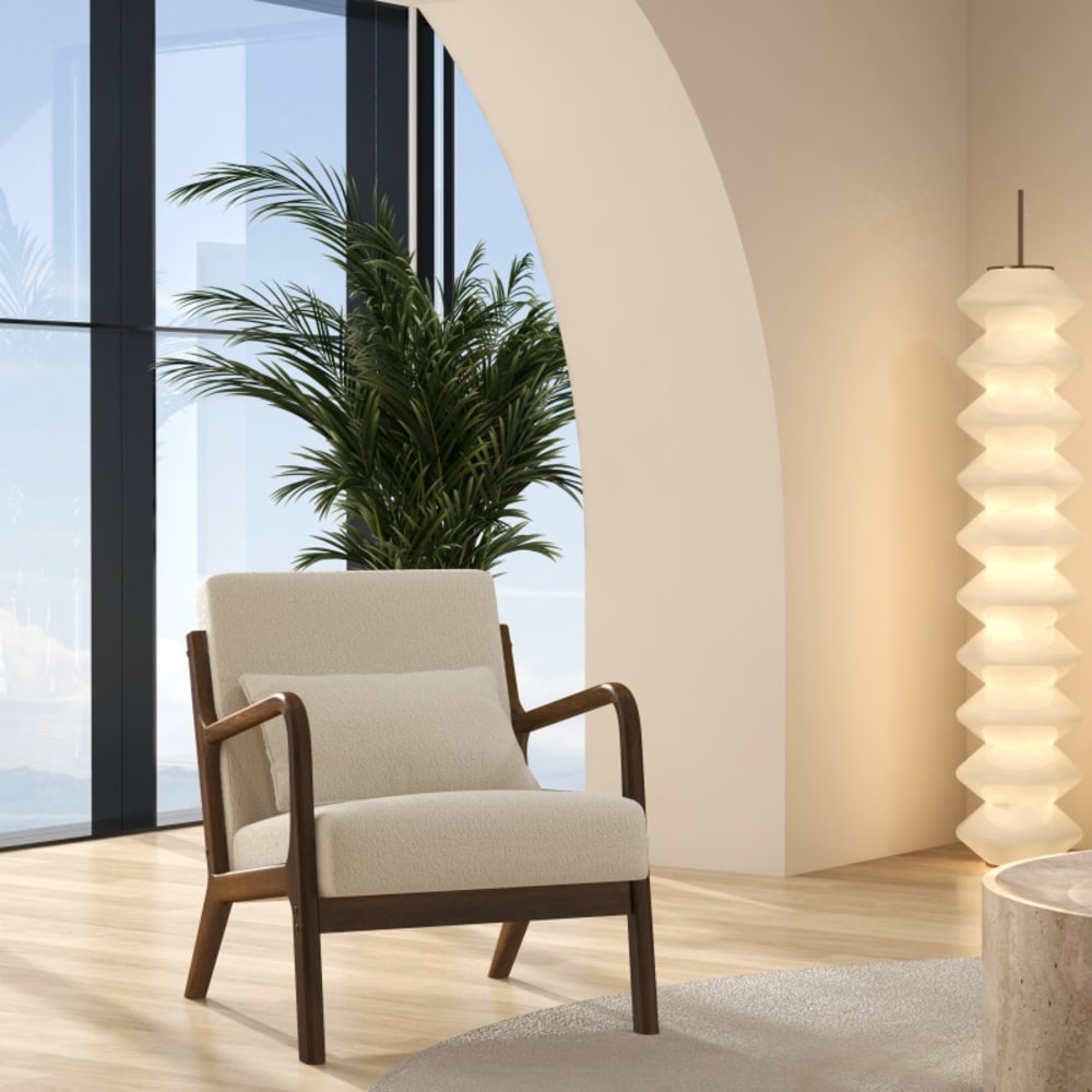 Fauteuil en bois patiné noyer tissu Curly Ecru