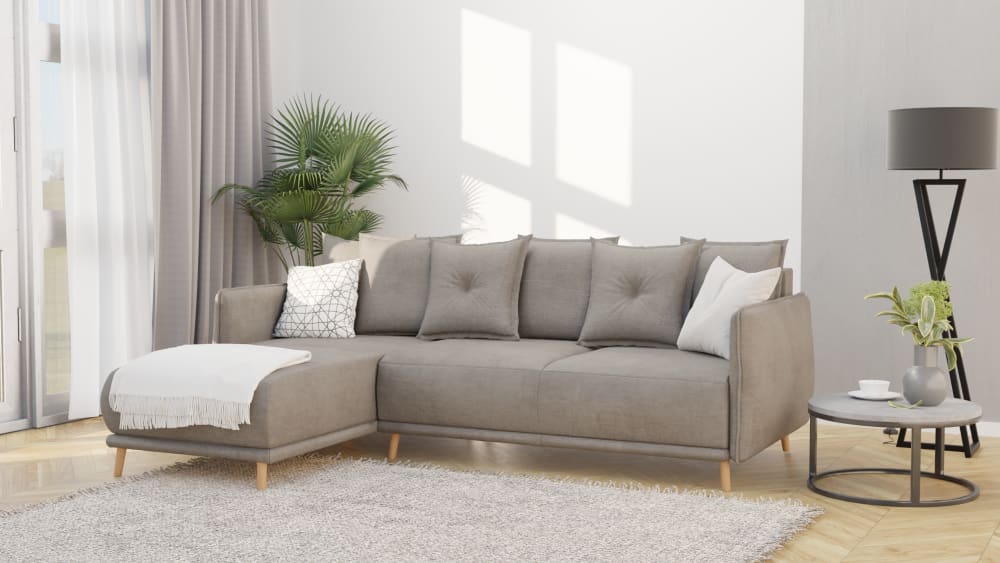Ecksofa mit Schlaffunktion aus Mikrofaser-Stoff, Dunkelbeige -