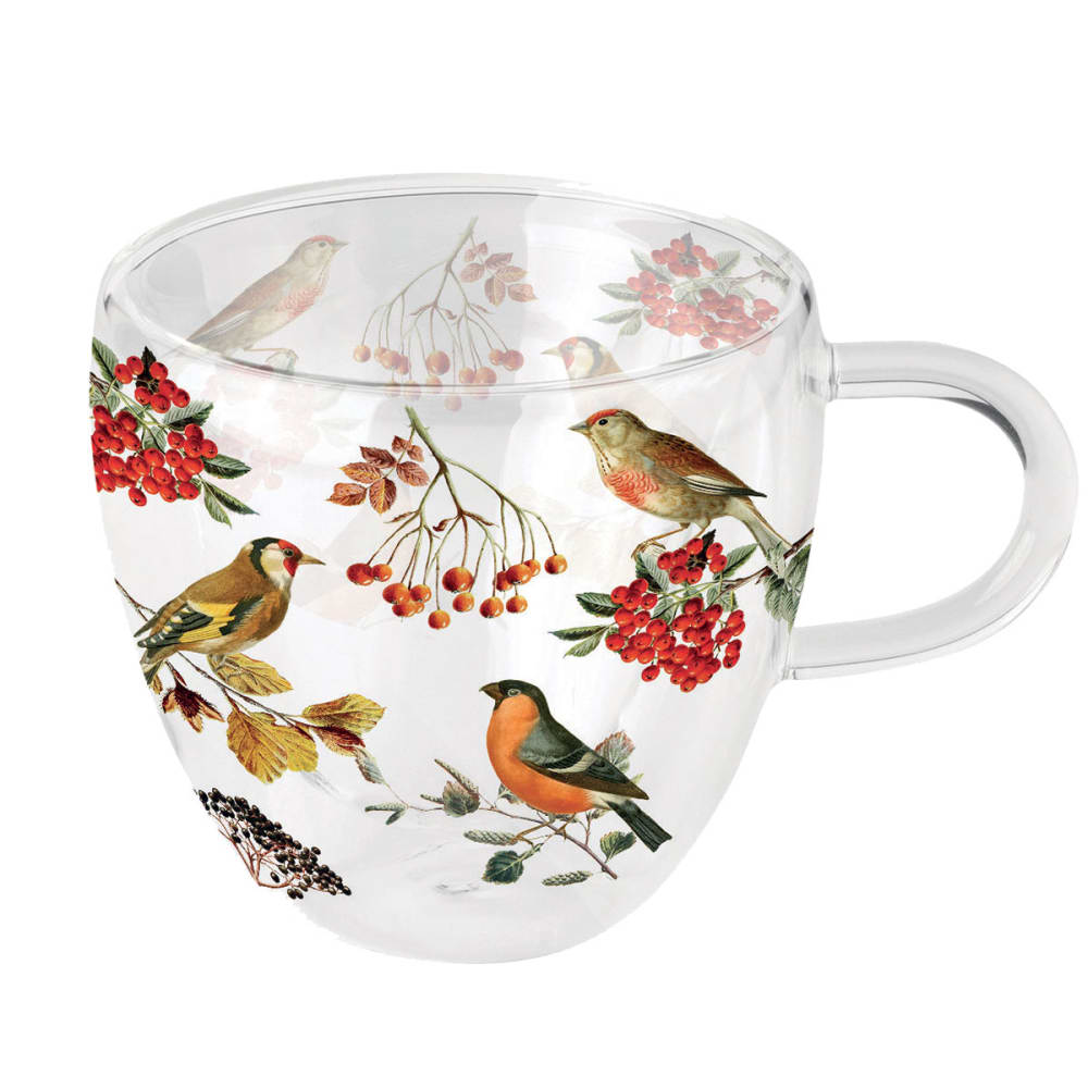 Tasse à thé en verre double paroi oiseaux dautomne 200 ml