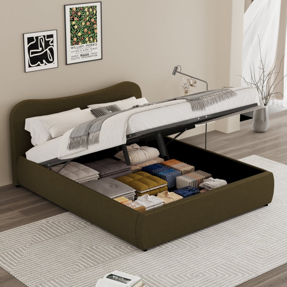 Lit coffre 140x190cm design arrondi velours côtelé vert