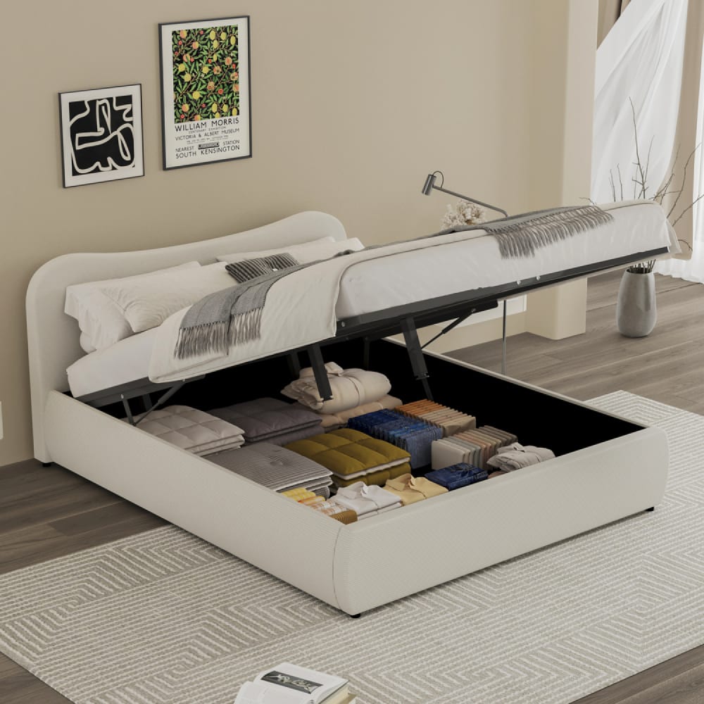 Lit coffre 140x190cm design arrondi velours côtelé beige