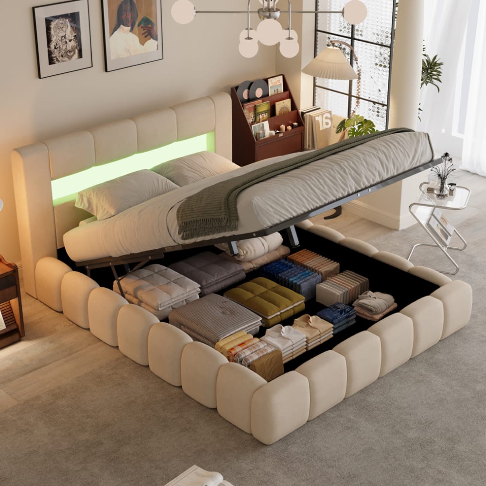 Lit coffre style nuage led 160x200cm velours beige