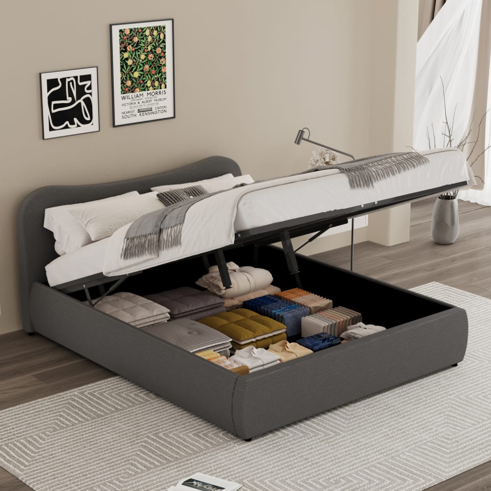 Lit coffre 140x190cm design arrondi velours côtelé gris