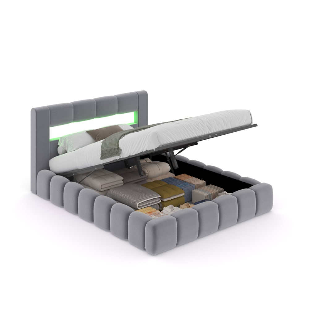 Lit coffre style nuage LED 160x200cm velours gris avec tête de lit et