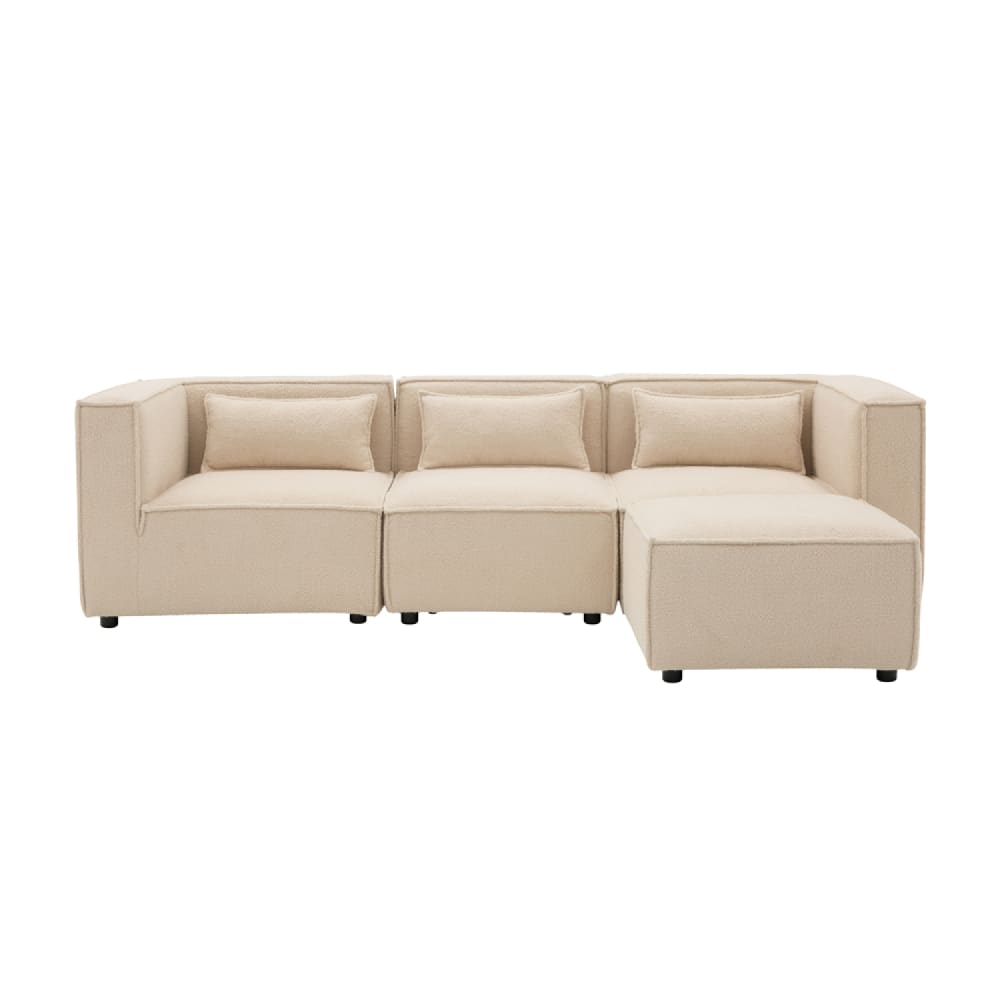 Canapé modulable 3 places bouclette beige avec pouf