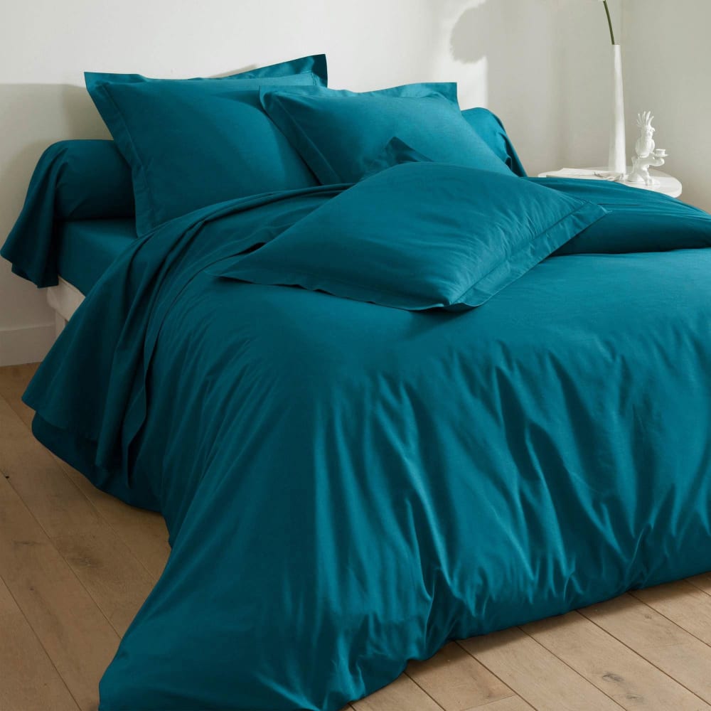 Drap-housse en coton bleu petrole 160x200x28cm — vue 3