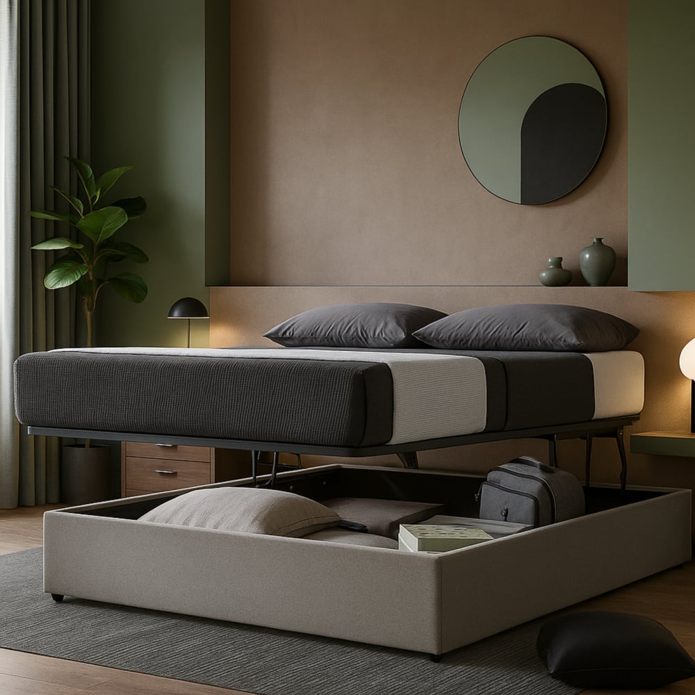 Lit coffre ouverture parallèle en tissu gris clair 90x190 cm