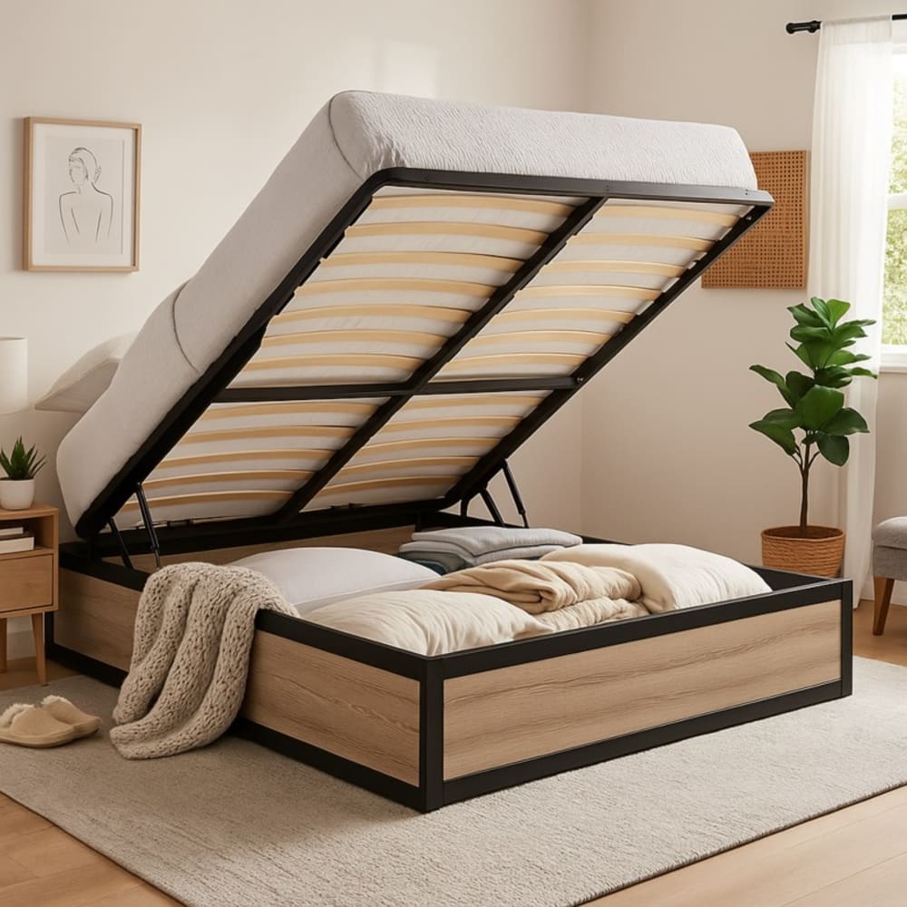 Lit coffre style industriel bois clair & métal ouverture large 180x200