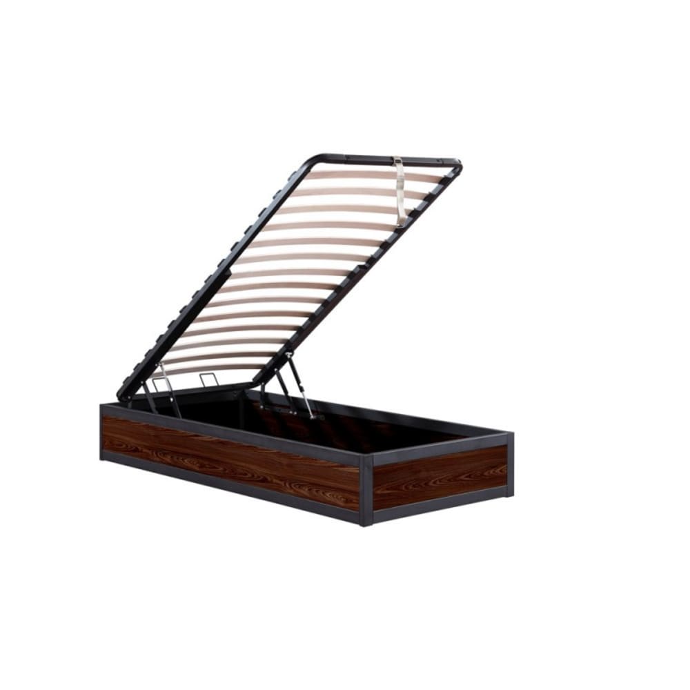 Lit coffre style industriel bois foncé et métal ouverture large 90x190
