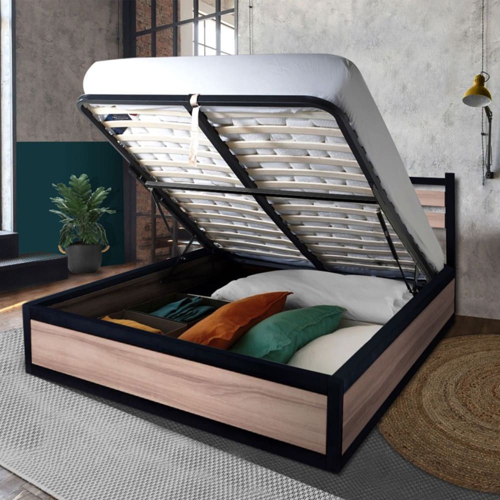 Lit coffre et tête de lit style industriel bois et métal 180x200 cm