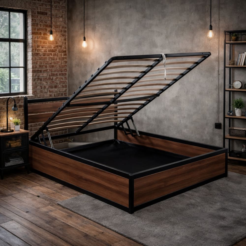 Reca Bedding Bett mit Stauraum, Holz & Metall, Industrie-Stil 160x200 cm style industrial Braun Spanplatte