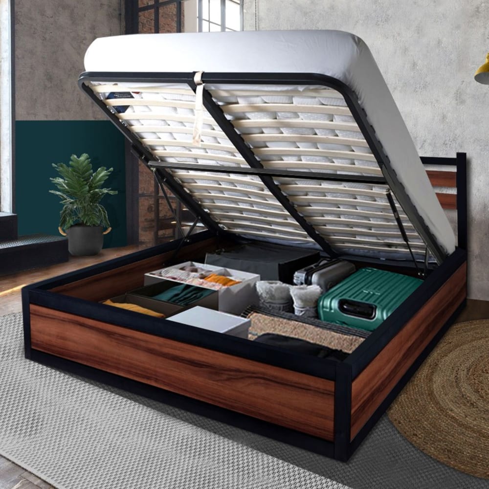 Lit coffre et tête de lit style industriel bois et métal 90x190 cm