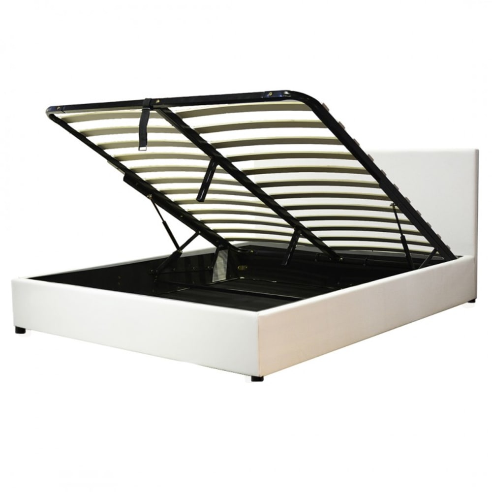 Lit coffre avec tête de lit en simili cuir blanc 140x190 cm