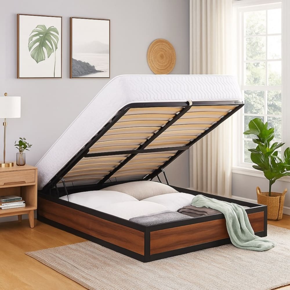 Lit coffre style industriel bois foncé & métal ouverture large 160x200