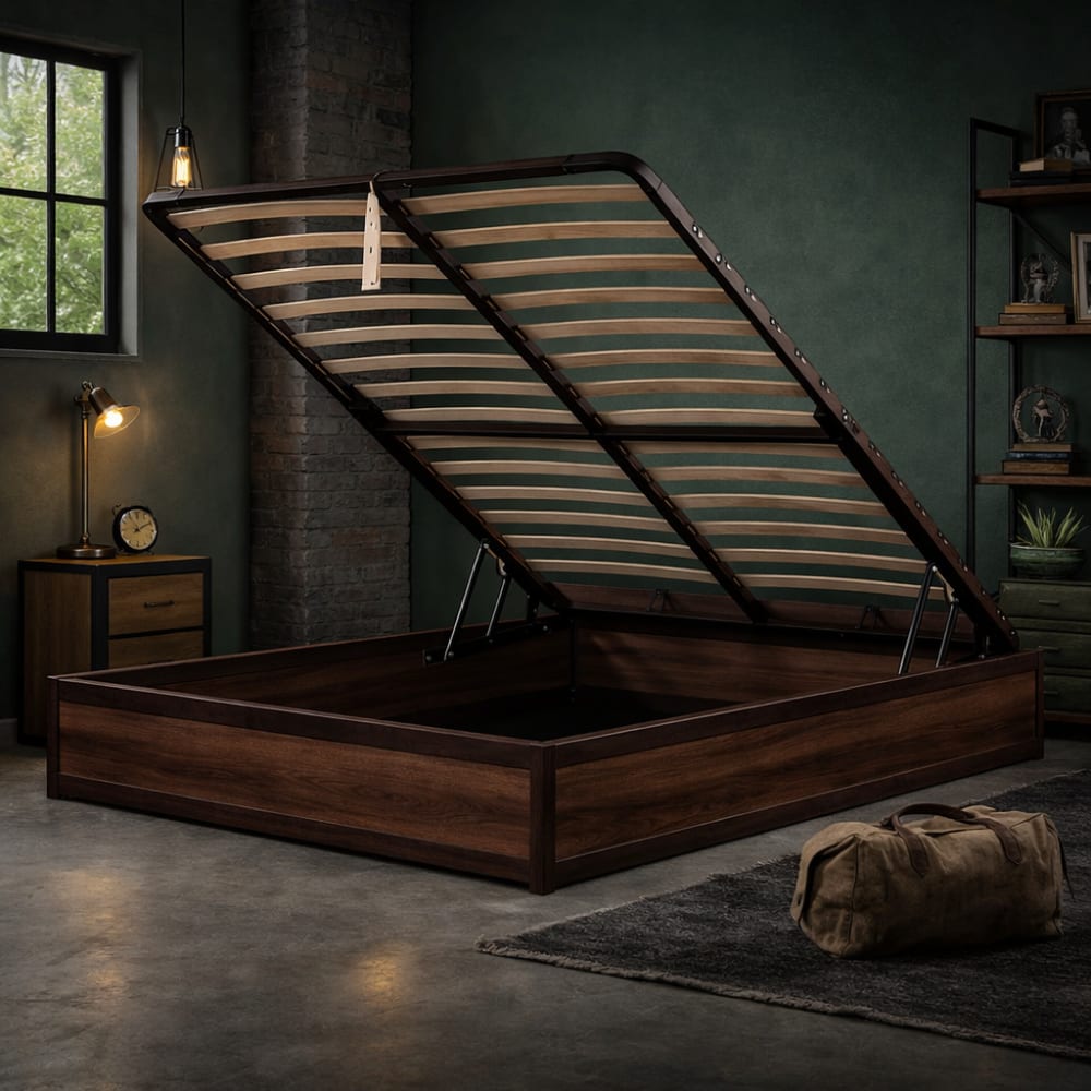 Reca Bedding Bett mit Stauraum, Industrie-Stil, Holz dunkel & Metall 90x190 cm style industrial Braun Spanplatte