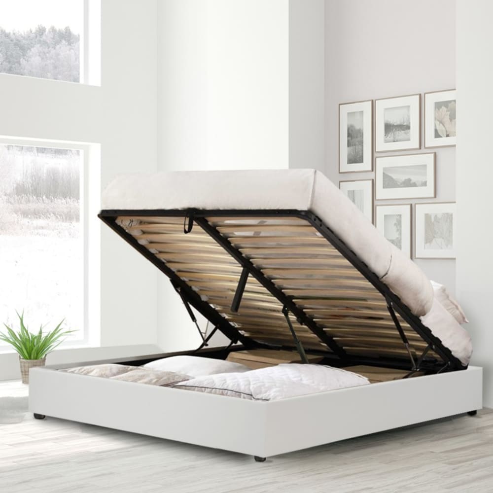 Lit coffre électrique simili cuir blanc avec télécommande 90x190 cm