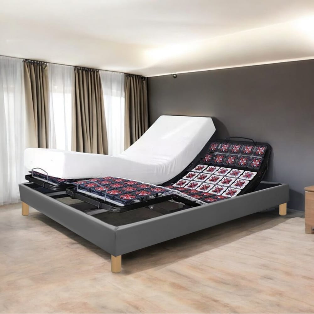 Lit électrique gris 90x190 cm, matelas mémoire, contour simili