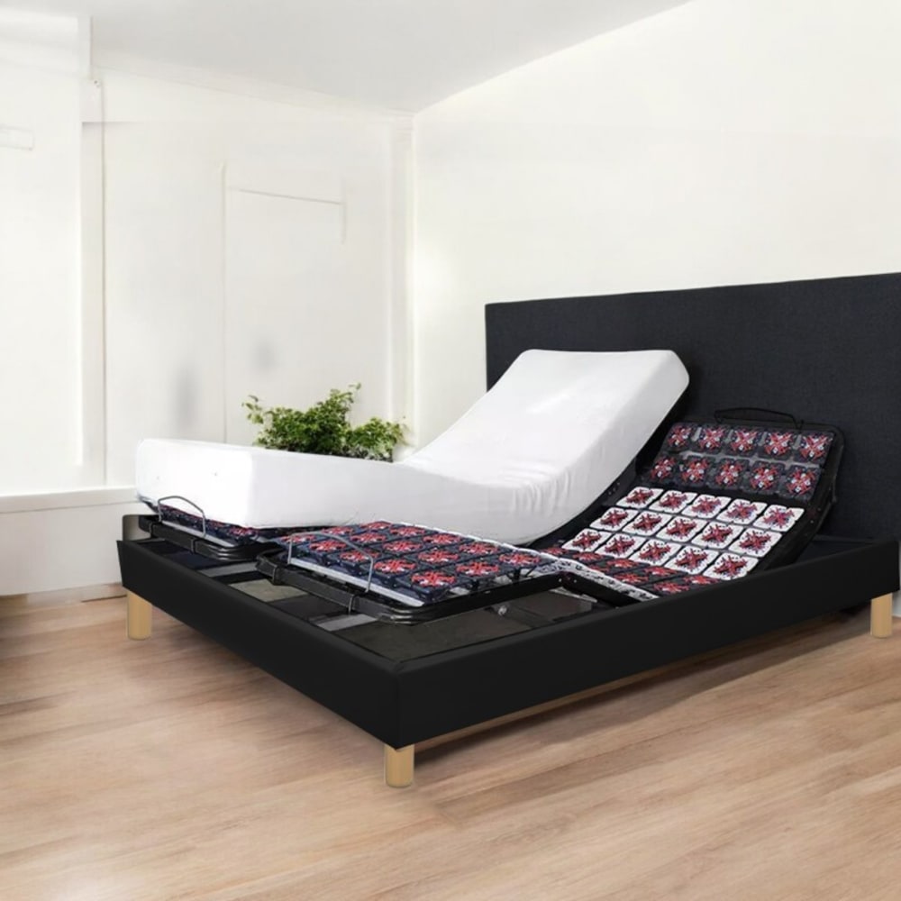 Lit électrique noir 140x190 cm, matelas mémoire, contour simili