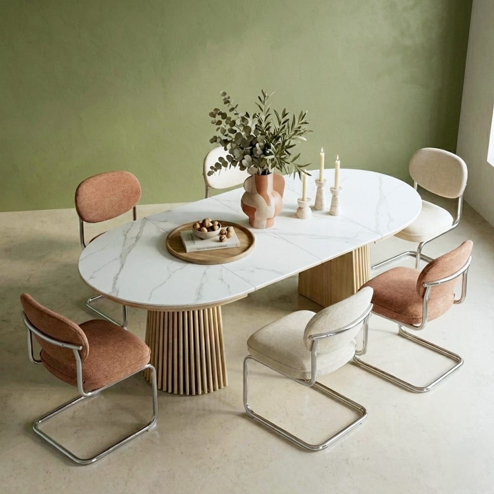 Table à manger ronde extensible en céramique effet marbre / bois clair