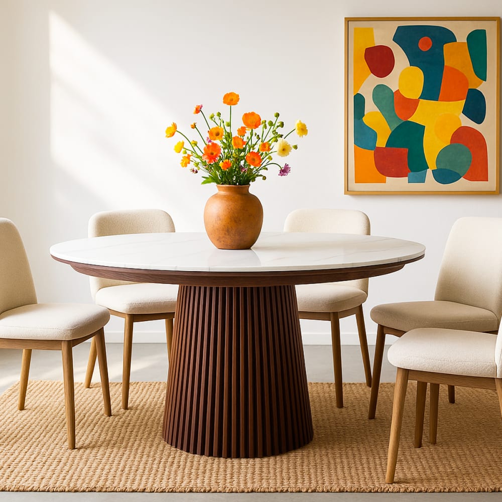 Table à manger ronde extensible en céramique effet marbre / bois foncé