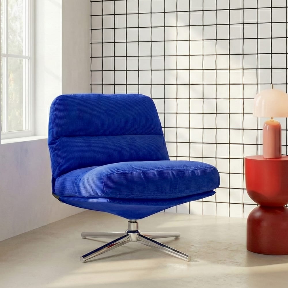 Fauteuil pivotant en velours côtelé bleu électrique - piètement chromé