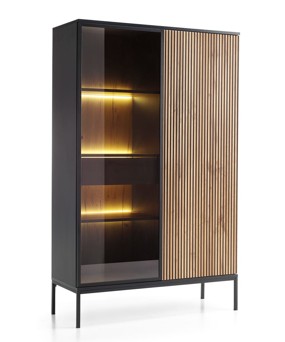 Feldmann-Wohnen Vitrine mit Beleuchtung aus Holz, 104x39x166cm, schwarz / Wotan Eiche style modern - Holz