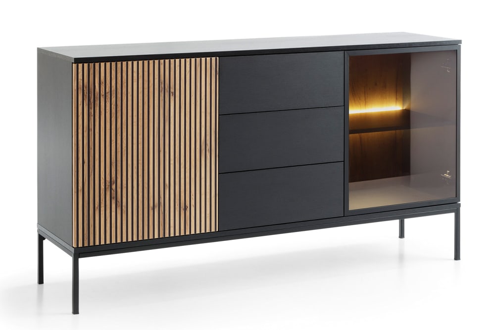 Feldmann-Wohnen Kommode mit Beleuchtung aus Holz, 154x39x83cm, schwarz / Wotan Eiche style modern - Spanplatte