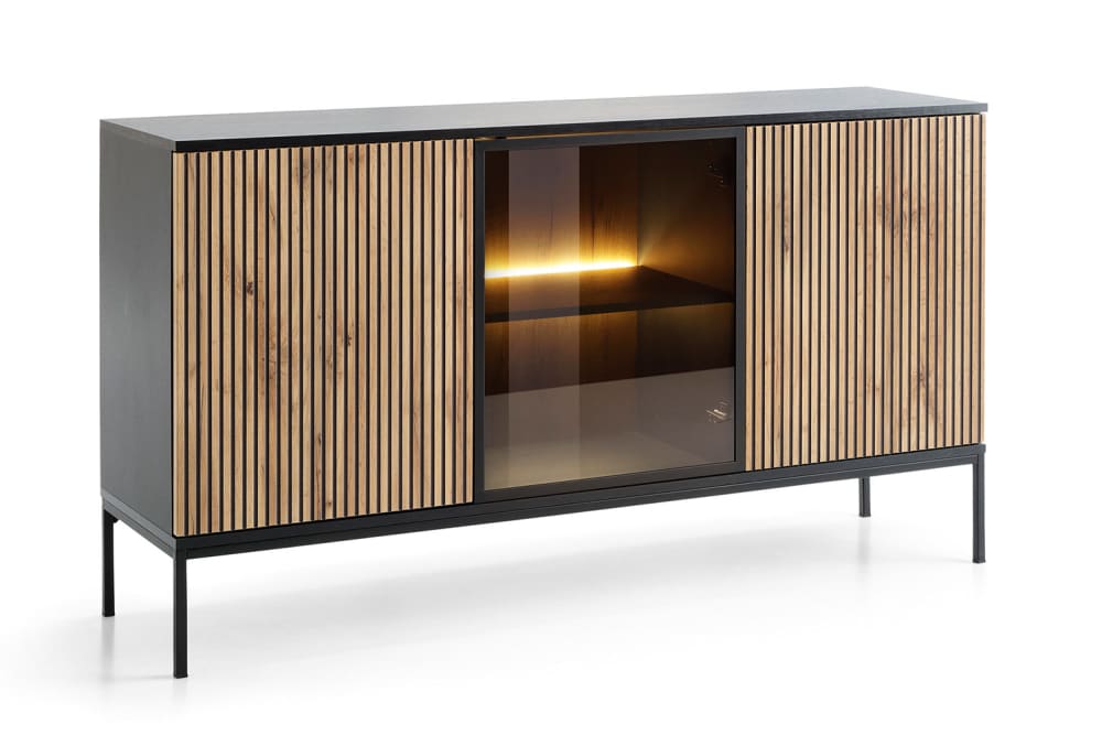 Feldmann-Wohnen Kommode mit Beleuchtung aus Holz, 154x39x83cm, schwarz / Wotan Eiche style modern - Holz