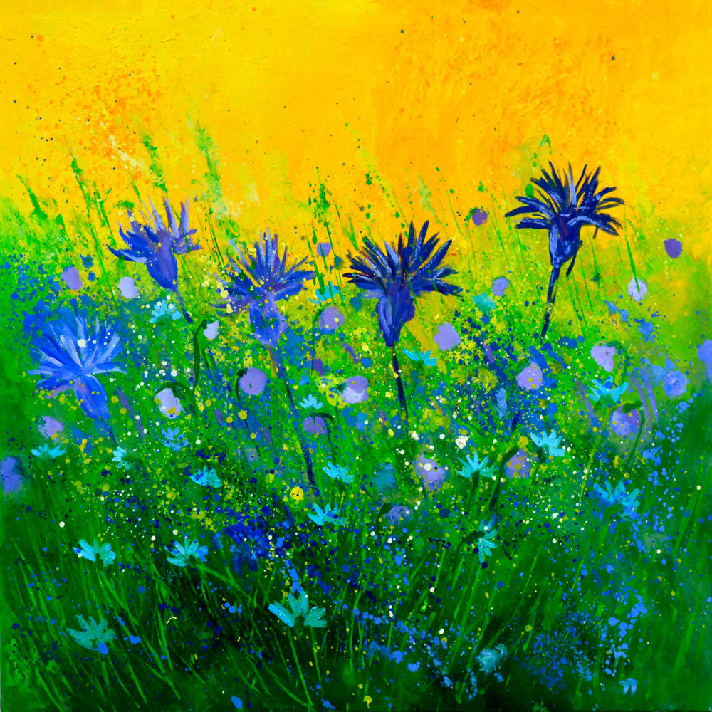 Tableau bouquet de fleurs bleues imprimé sur toile 80x80 cm