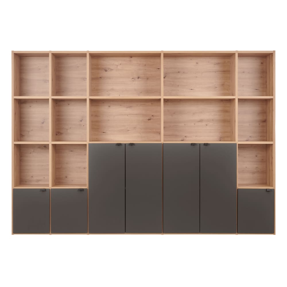 Bibliothèque 7 portes effet bois clair et noir