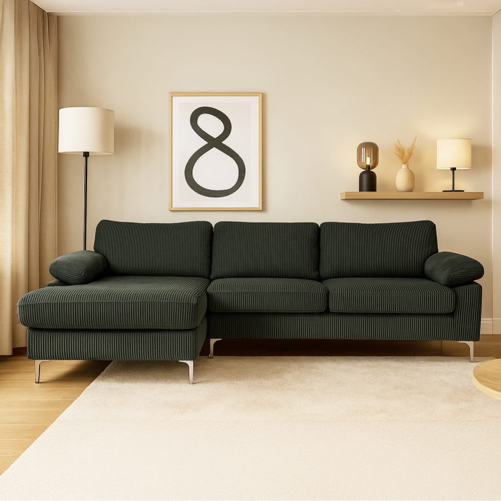 Canapé d'angle 4-5 places méridienne gauche velours côtelé vert