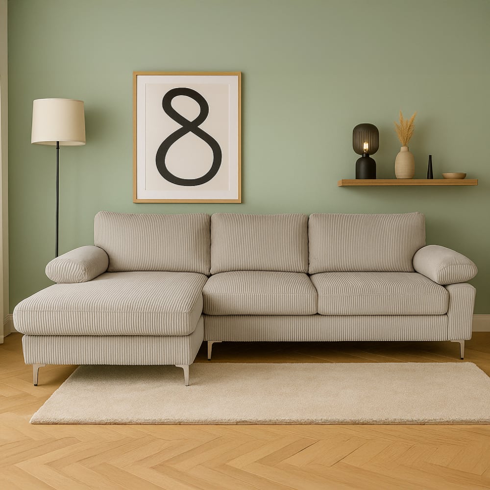 Canapé d'angle 4-5 places méridienne gauche velours côtelé beige