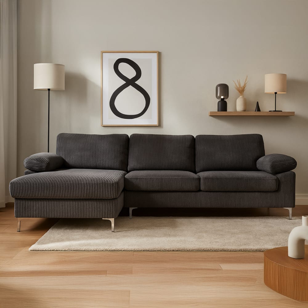 Canapé d'angle 4-5 places méridienne gauche velours côtelé gris anthra