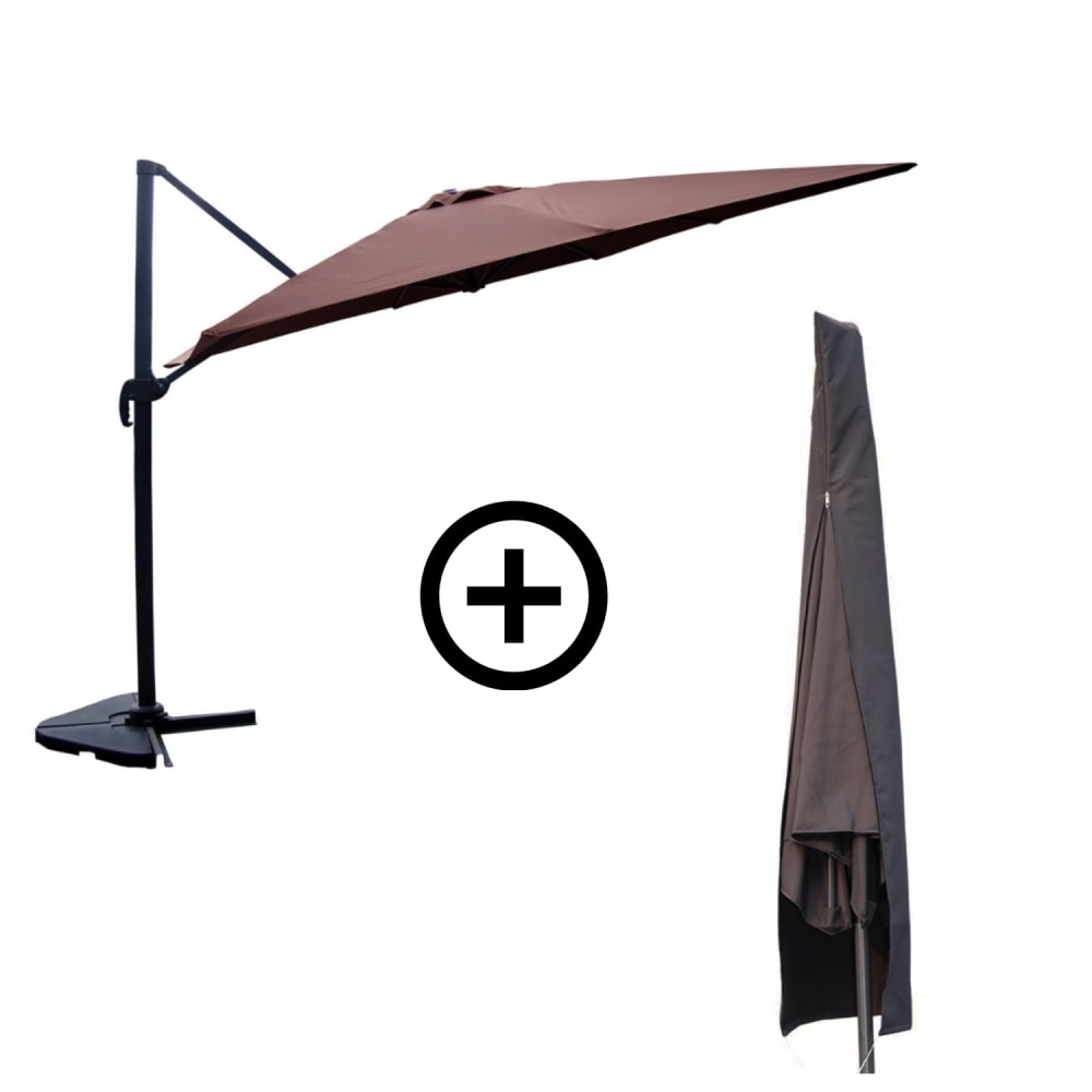Bundle parasol rectangulaire 3x4m déporté rotatif marron aluminium + h