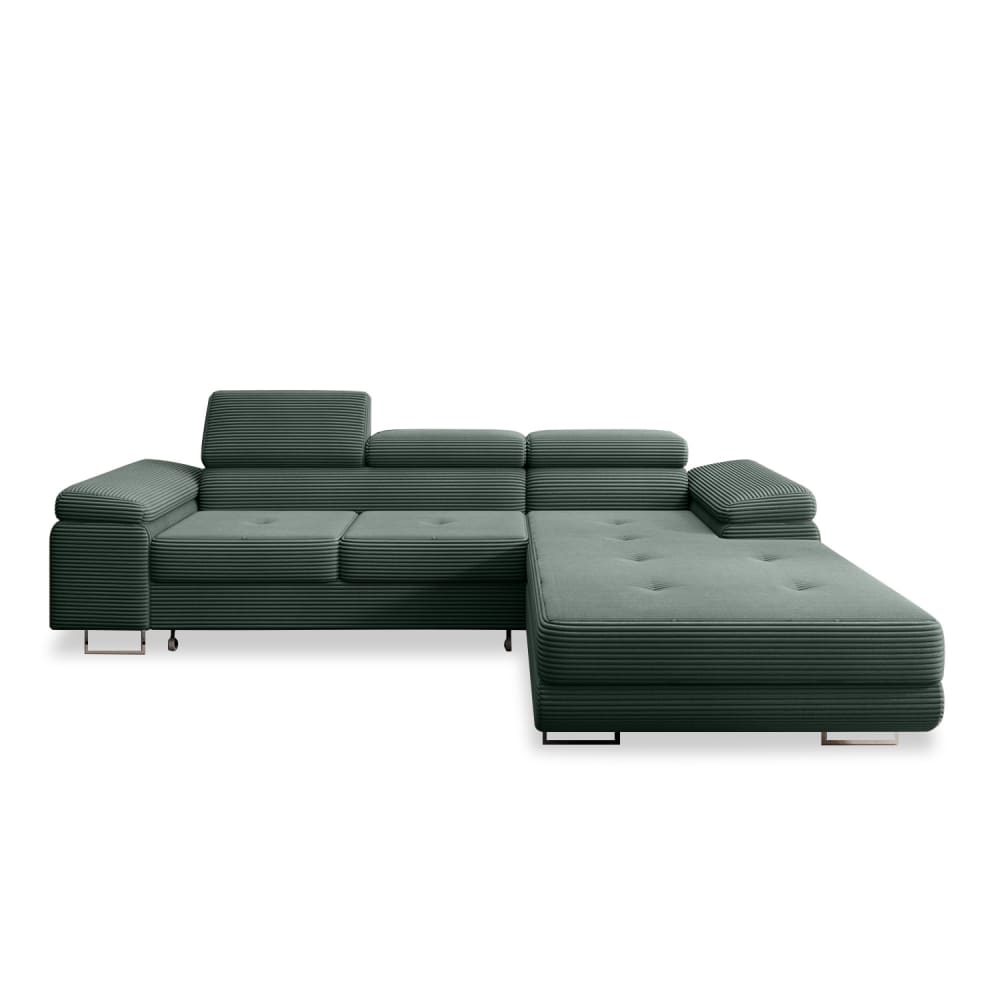 Canapé d'angle droit convertible 6 places en velours côtelé vert