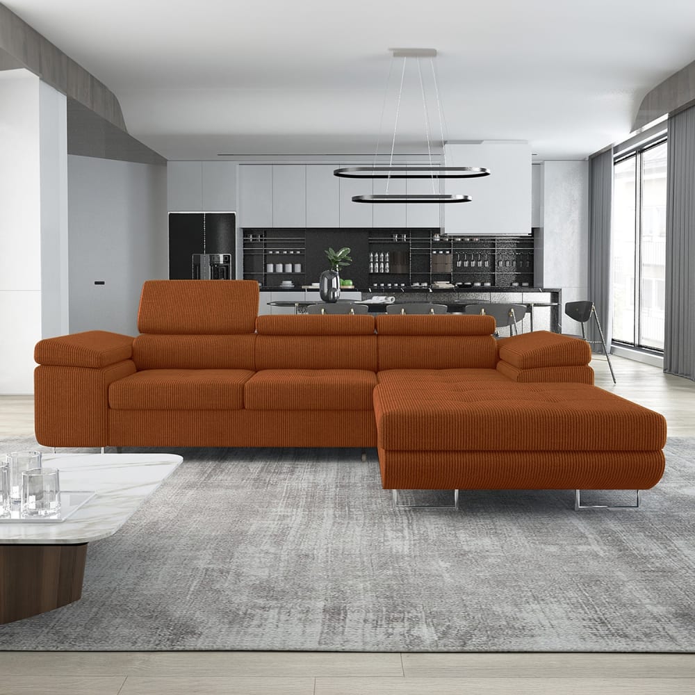 Canapé d'angle droit convertible 6 places en velours côtelé terracotta