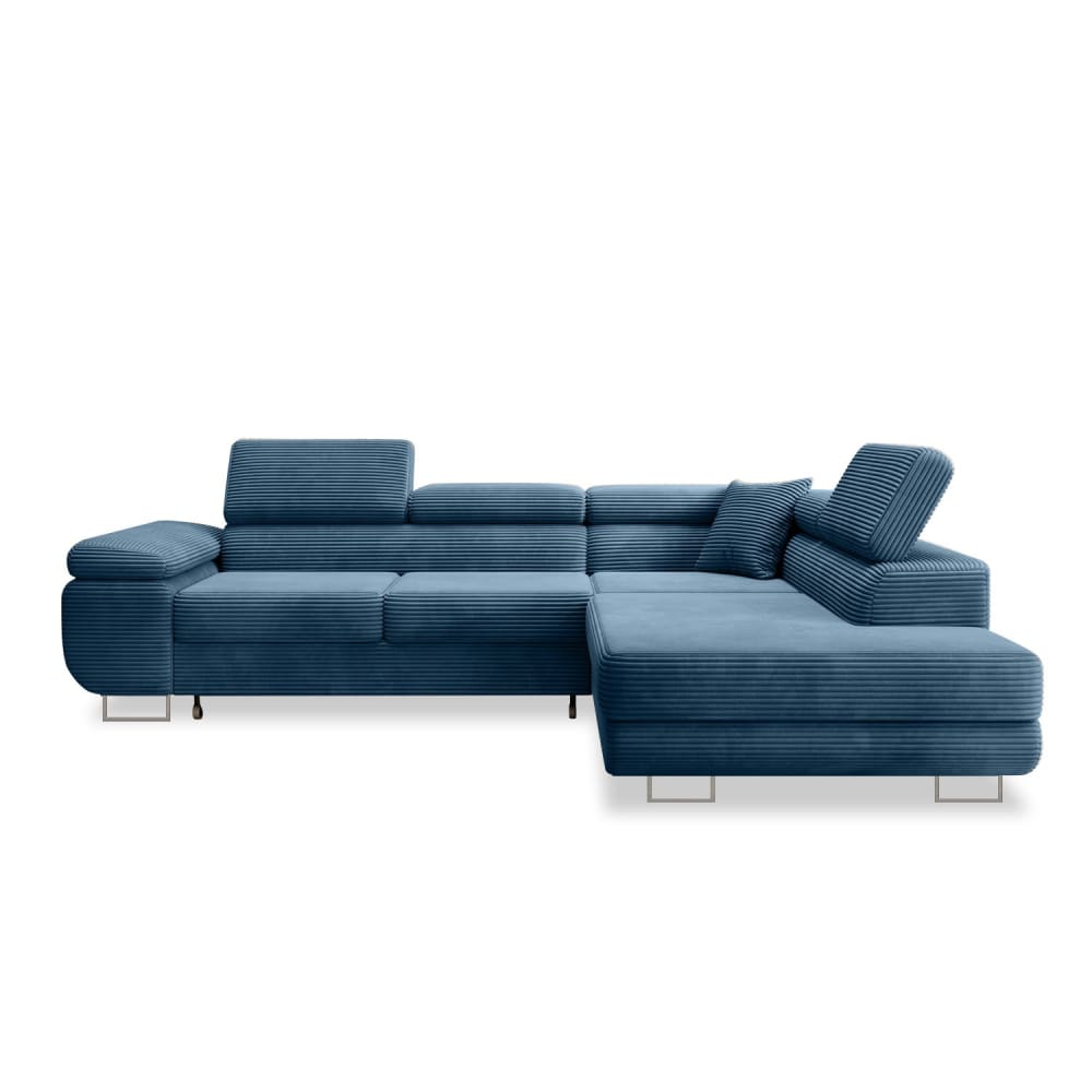 Canapé d'angle droit convertible 6 places en velours côtelé bleu