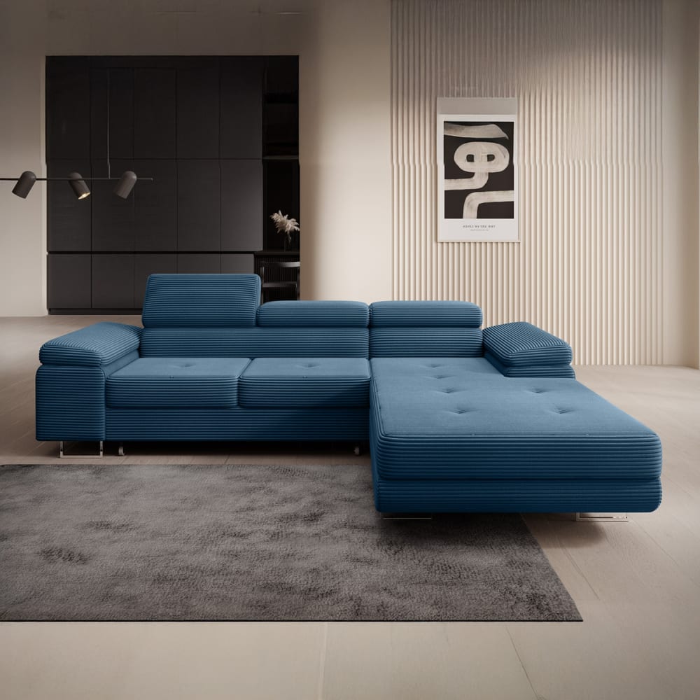 Canapé d'angle droit convertible 6 places en velours côtelé bleu