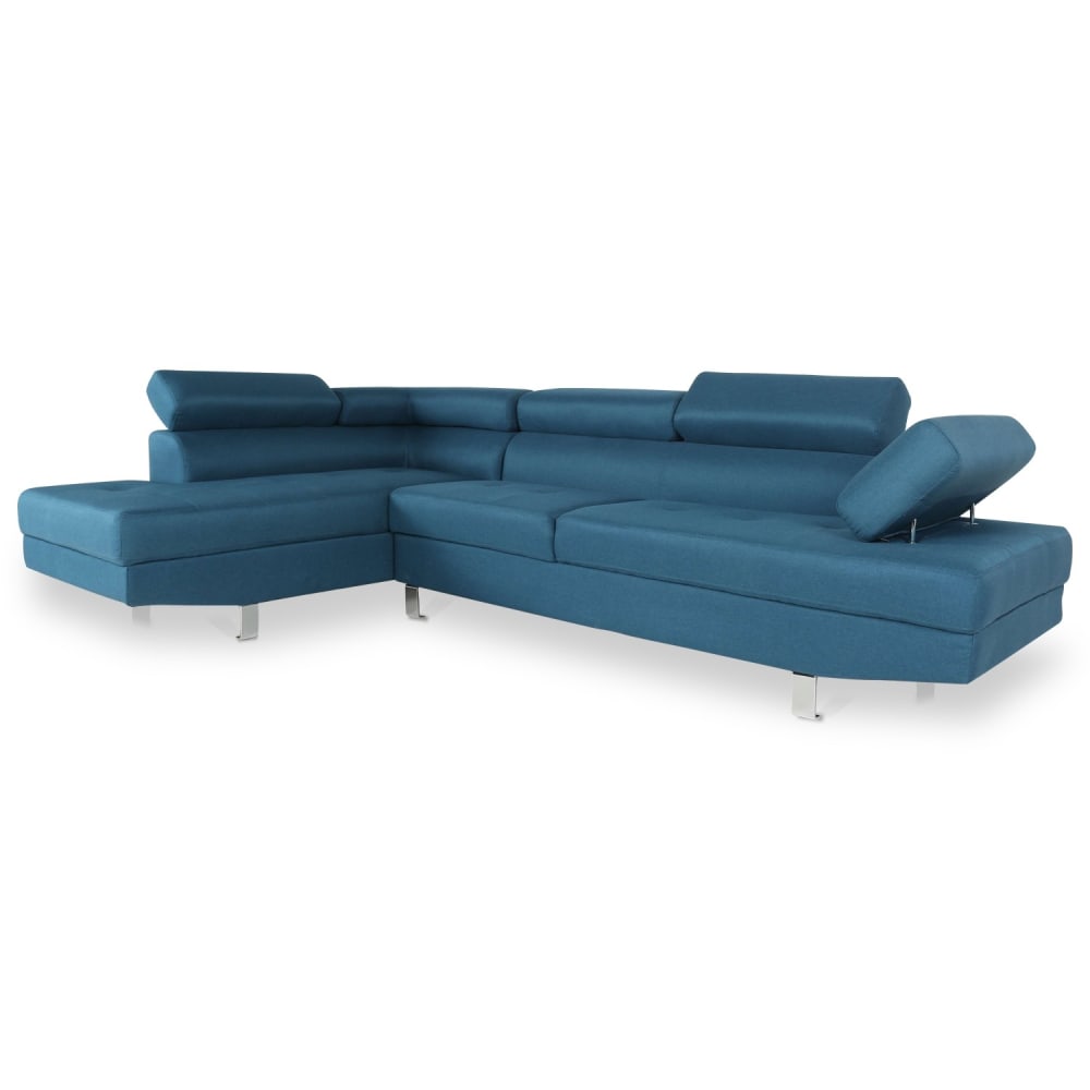Canapé d'angle gauche têtières relevables 5 places tissu bleu canard