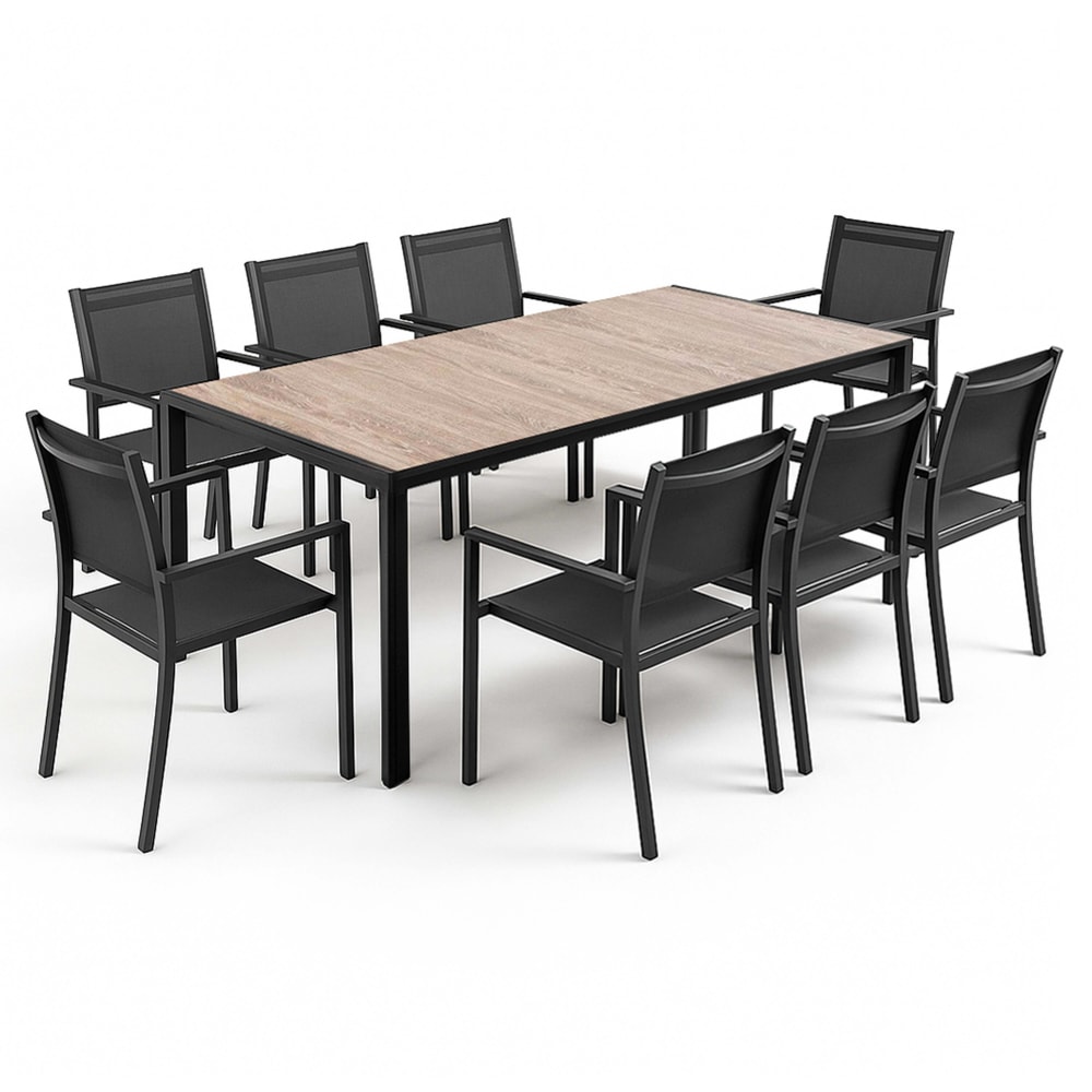 Ensemble table de jardin en aluminium effet bois et 8 fauteuils noirs