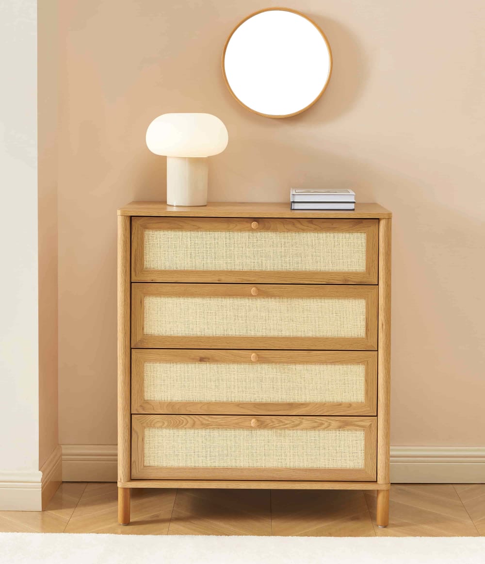 Commode  4 tiroirs effet chêne et rotin 80cm