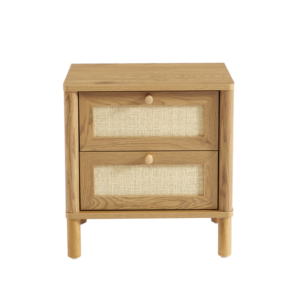 Table de chevet  effet chêne et rotin 2 tiroirs