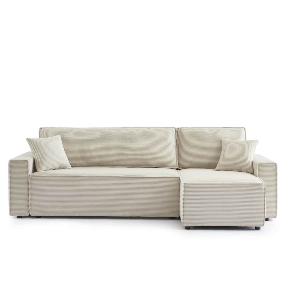 Canapé d'angle convertible en velours côtelé 4 places beige