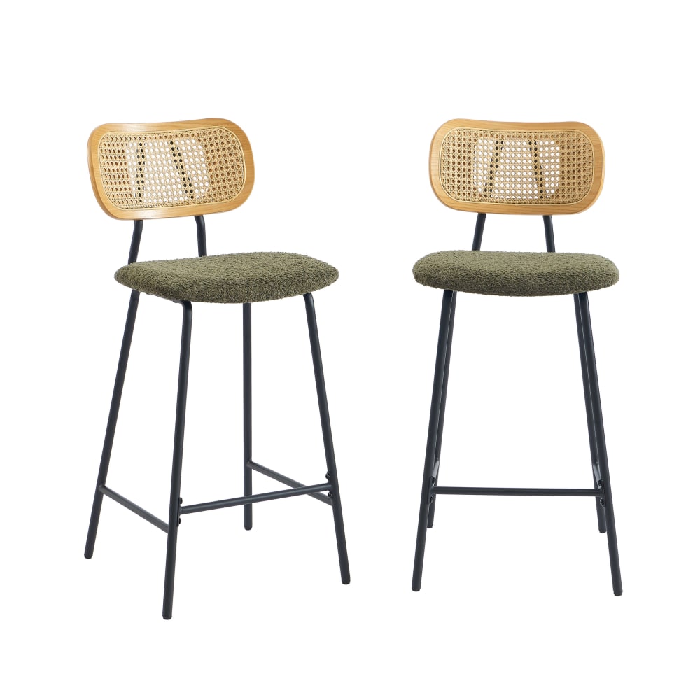 Lot de 2 tabourets tissu bouclette vert et cannage rotin