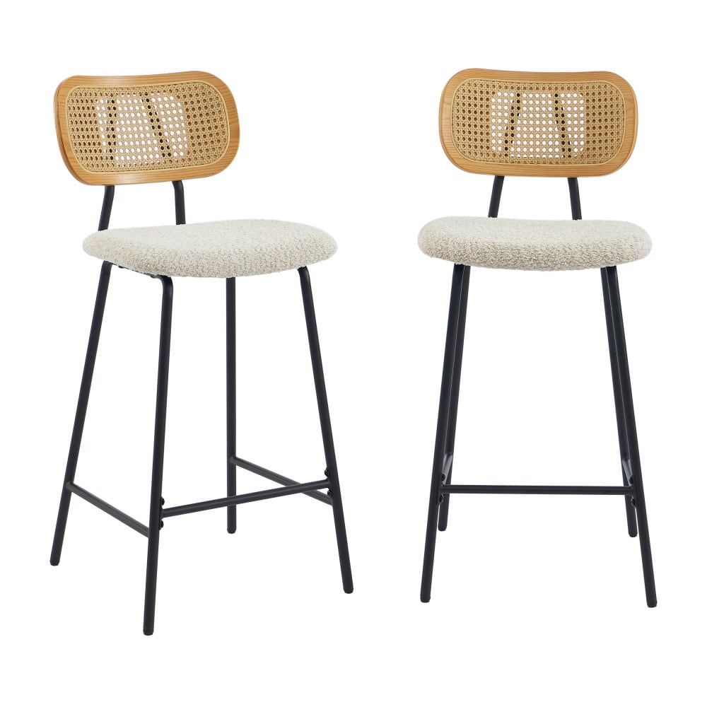Lot de 2 tabourets de bar en tissu bouclette et métal h66,5cm - écru Lot de 2 tabourets de bar en tissu bouclette et métal h66,5cm - écru