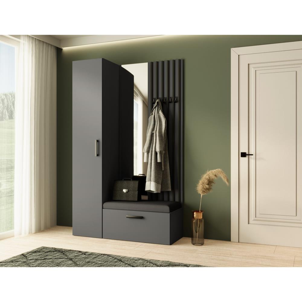 Garderobe mit Lamellen und Hochschrank, graphit+schwarz, 121x203