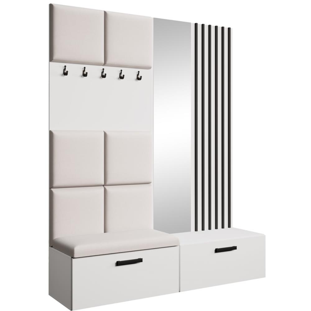 Beauty Sofa GmbH Garderobe mit gepolsterten Paneelen, Spiegel und Lamellen, 162x203 cm, style modern Weiß Spanplatte