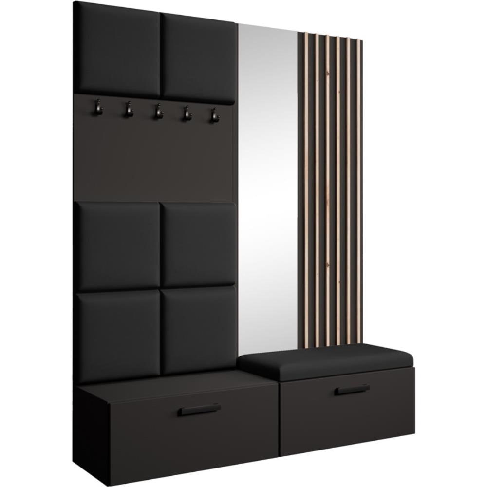 Beauty Sofa GmbH Garderobe mit gepolsterten Paneelen, Spiegel und Lamellen, 162x203 cm, style modern Schwarz Spanplatte
