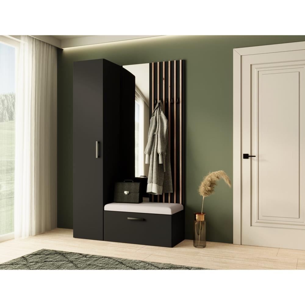 Garderobe mit Lamellen und Hochschrank, schwarz+beige, 121x203 cm