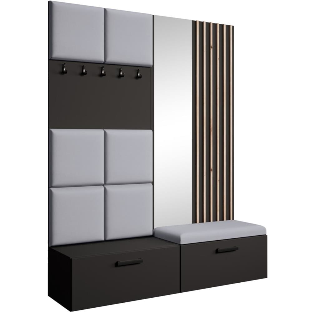 Beauty Sofa GmbH Garderobe mit gepolsterten Paneelen, Spiegel und Lamellen, 162x203 cm, style modern Schwarz Spanplatte